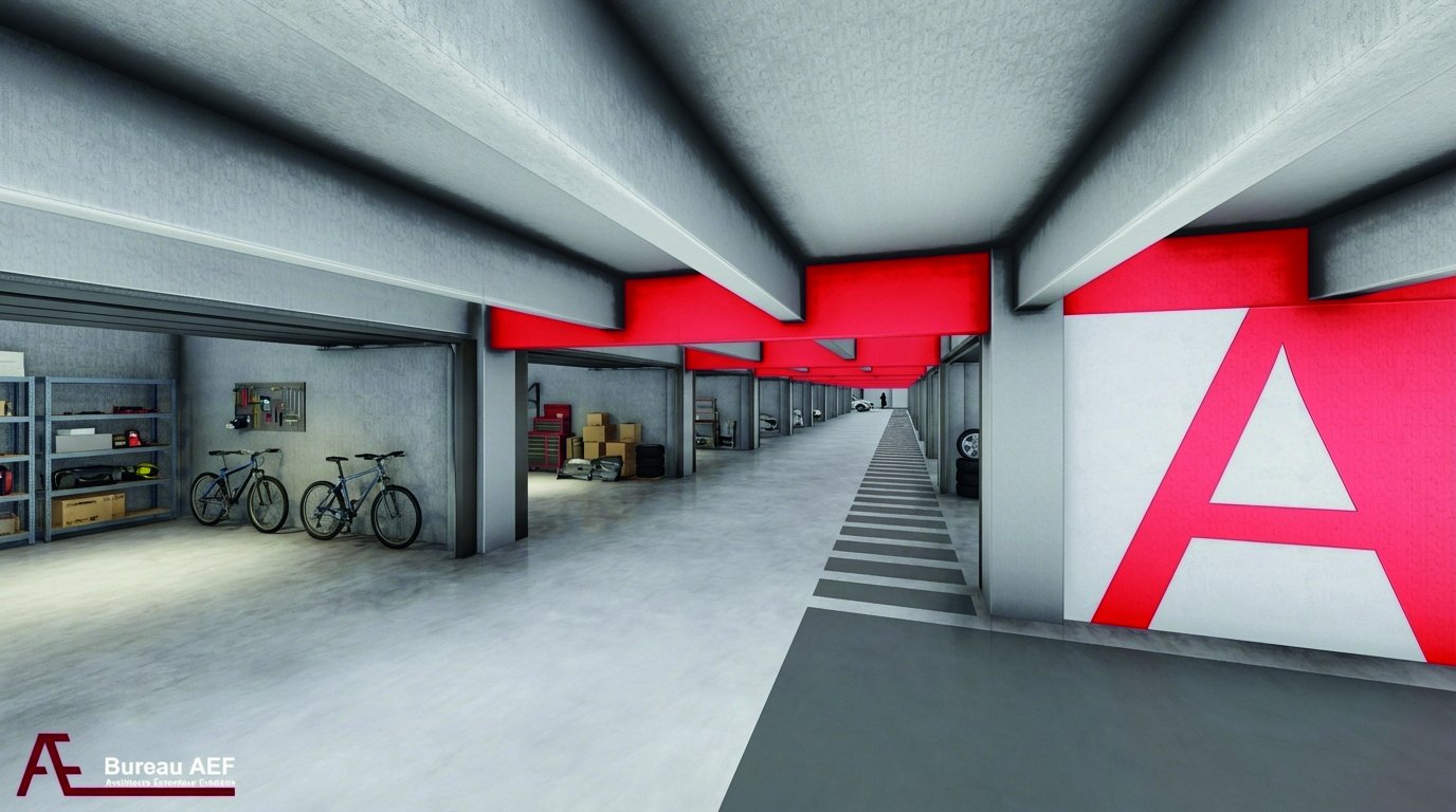 Parking privé en sous sol de L'Écrin Vert, emplacements 5 m par 5 m